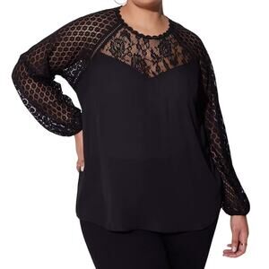 Torrid Blouse Womens 1X Black Georgette Lace Mix Blouson Sleeve Top Whimsygoth